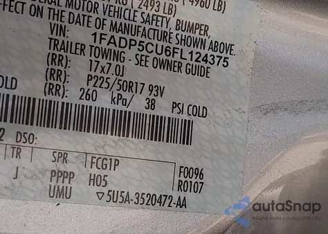 2015 Ford C-Max Energi Sel z USA, uszkodzony, nr VIN 1FADP5CU6FL124375